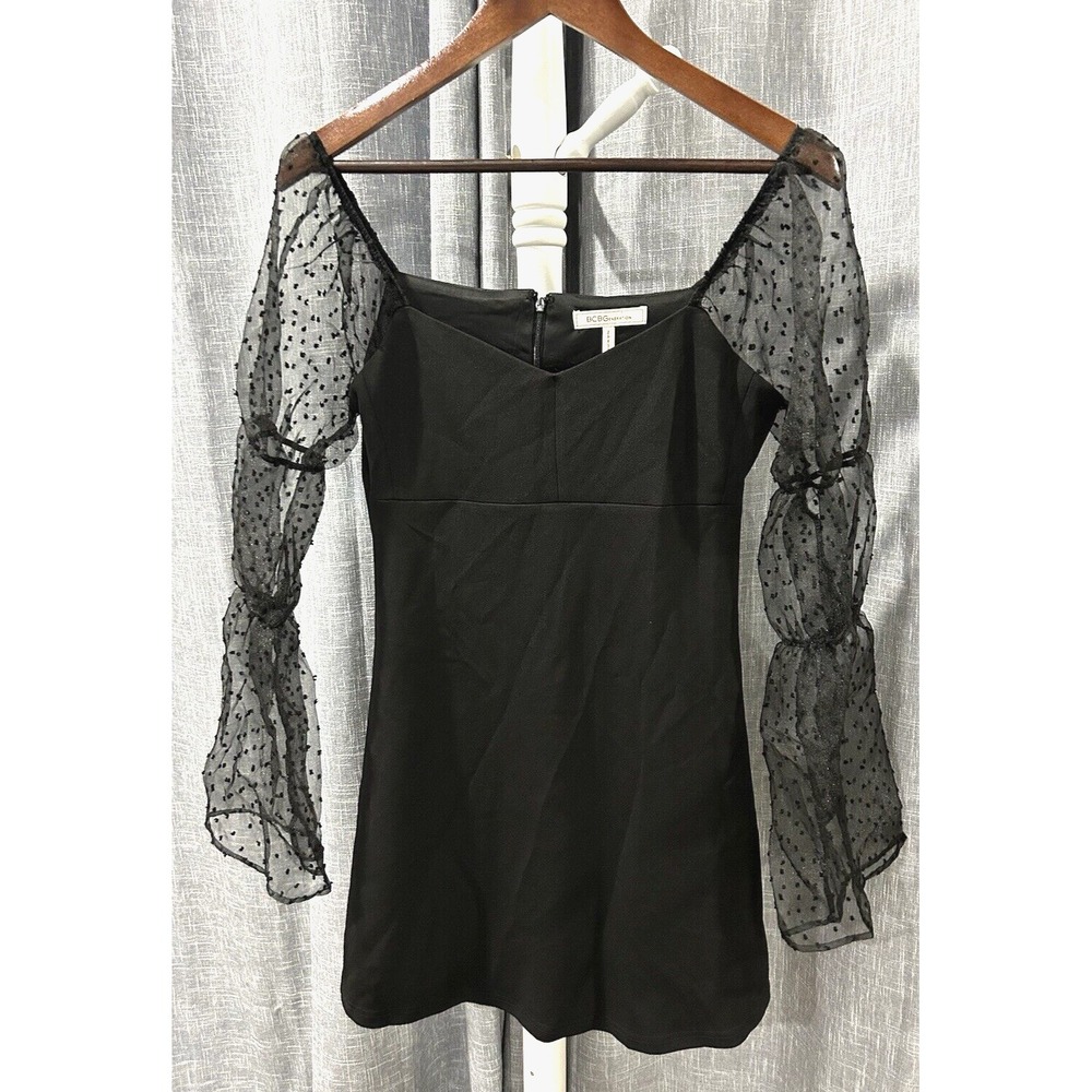 BCBG Black Babydoll‎ Dress Sheer Puff Sleeve Dark Feminine Romantic NWT Small